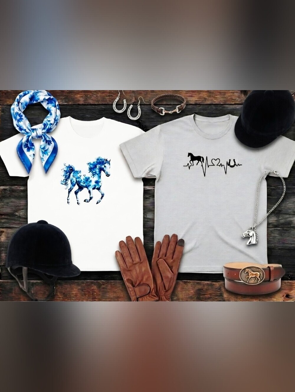 Horse Graphic Tee Bundle • Blue Floral Horse Shirt + Heartbeat Horse Tee •